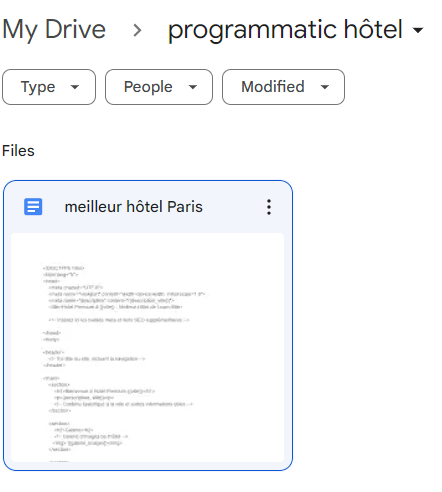 Un premier fichier test généré automatiquement dans un dossier Google Drive