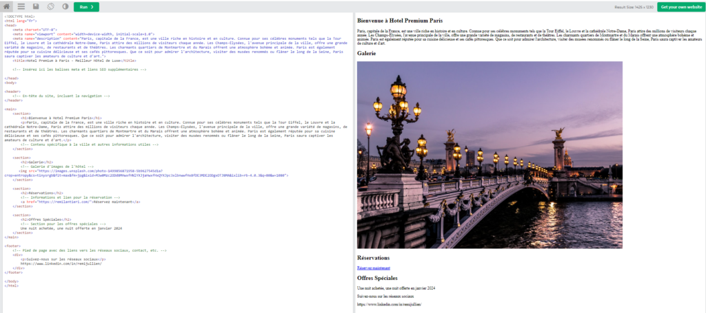 Le code HTML à gauche et la page résultante à droite