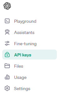 Onglet lattéral d'OpenAI avec API keys sélectionné